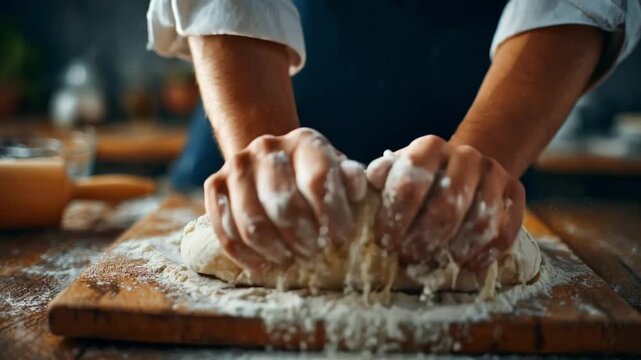 Closeup of a chef skillfully mixing semolina and allpurpose flour on a wooden board preparing a smooth dough for fresh homemade pasta. Hands gently blend flours to achieve perfect