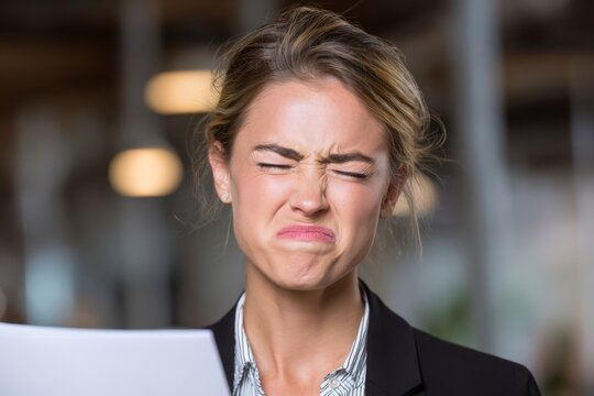 Businesswoman squinting at a report in disbelief, showing irritation and skepticism.