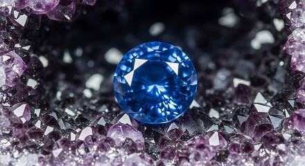 Captivating sapphire gemstone nestled within a textured amethyst geode