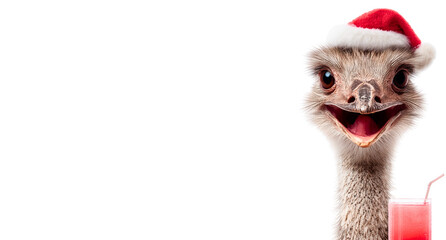 happy emu (ostrich) in santa claus hat is smiling with open mouth (beak) and straw drink; realistic australian animal characters isolated over white (transparent)