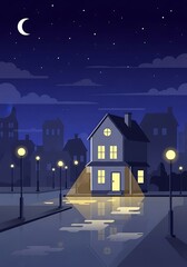 Fototapeta premium Tranquil cityscape with house streetlights and moonlit puddles night