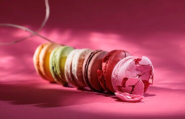 A vibrant row of macarons in pastel colors lines up. The last macaron, in a pale pink, is cracked open, revealing its delicate interior. Shadows play across the pink background