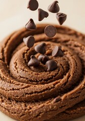 Delightful close up view of a chocolate cookie dough with falling chips
