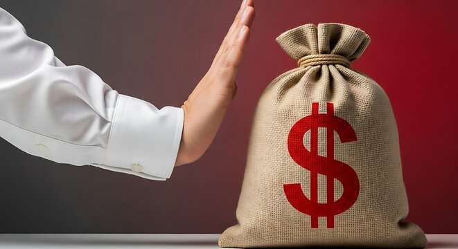 Stop the spending with a firm hand on a money bag, perfect for financial planning, debt management, and avoiding overspending or scams this season - Powered by Adobe