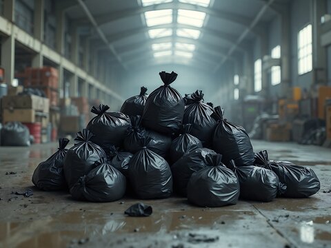 Pile of black garbage bags in industrial warehouse with dim lighting