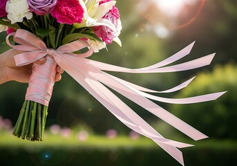 Floral celebration: Hand holding a captivating bouquet of flowers adorned with elegant ribbons against a lush green