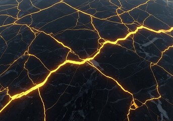 Fractured black surface with glowing gold seams abstract background