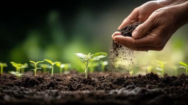 Medium shot of hands sprinkling probiotic soil amendments into garden soil enhancing bacterial diversity to boost plant growth and crop yield naturally.