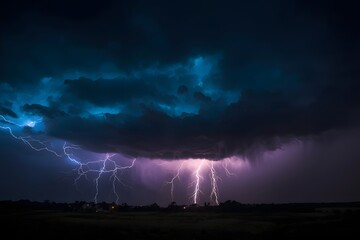 Thunderstorm with lightning bolts striking through rain and storm clouds at night.
