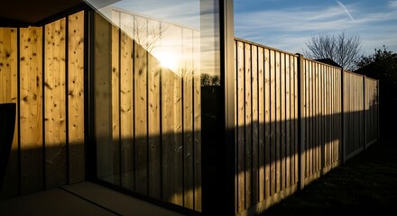 Golden hour hues reflecting on a contemporary wooden facade with seamless glass panels enhancing architectural texture