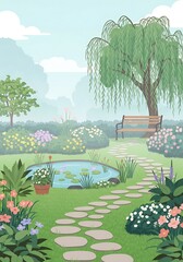 Idyllic backyard garden scene with pond, bench, tree and steppingstones