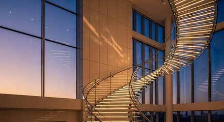 Illuminated Spiral Staircase against Sunset Sky in Luxurious Interior