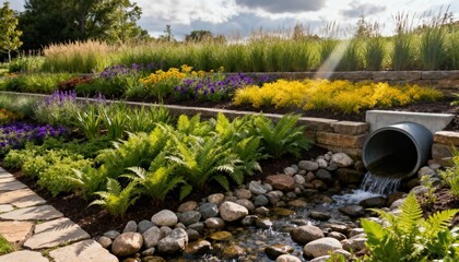 Medium shot of a rain garden showcasing vibrant native plants filtering urban runoff emphasizing natural water management in green infrastructure design.