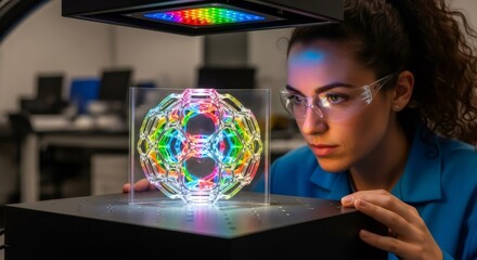 Woman scientist inspecting transparent 3d printed structure under colorful light. Bioprinting research and development for future medical innovations.