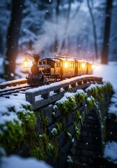 Miniature winter train on a snowy bridge, magical holiday journey