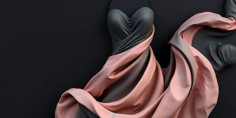 Luxurious abstract fashion background featuring draped fabric in matte black and flowing dusty rose/pink, styled to resemble an elegant strapless gown. Minimalist flat lay.