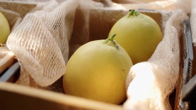 Medium shot of ecofriendly pomelo packaging using biodegradable materials to protect fresh fruit during transport with sustainable care and natural cushioning layers.