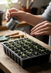 Nurturing New Beginnings: Hand Gently Watering Seedlings in a Tray Promoting Growth and Vitality indoors
