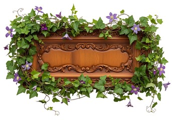 Ornate wooden frame enveloped in lively ivy and delicate purple blooms
