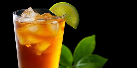 Refreshing iced tea with ice cubes and a lime wedge. Perfect for hot days. Enjoy this tangy drink in summer. Great for parties and gatherings. A vibrant and appealing beverage. AI