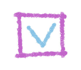 Hand drawn chalk checkbox icon with bold blue symbol and patch style. Square check box graphic as modern element in a rough chalk finish, perfect as a unique patch or square icon.