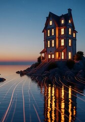 Quaint Seaside Dwelling with Enchanting Twilight View and Light Traces