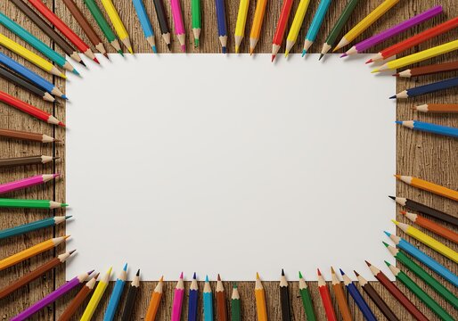 Colorful pencils arranged around a blank white paper on wooden background create a creative space - Powered by Adobe