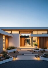 Sophisticated home exterior with modern landscaping under twilight sky