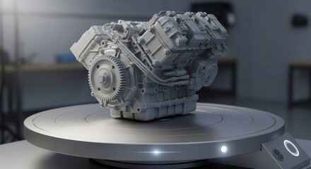An intricate 3D printed engine model displaying advanced manufacturing. Rapid prototyping technology for automotive design and engineering.