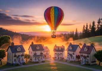 Sunrise Serenity: A Colorful Balloon Ascending Over a Quaint Village landscape capturing the essence of peaceful