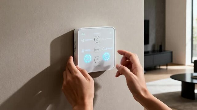 Closeup of hands interacting with a learning smart thermostat highlighting zone control features and userfriendly touch interface in a modern home setting.