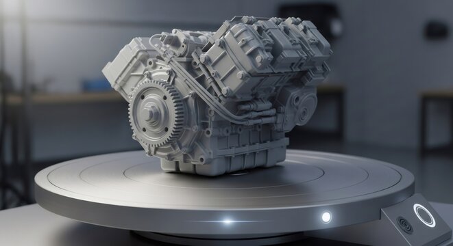 An intricate 3D printed engine model displaying advanced manufacturing. Rapid prototyping technology for automotive design and engineering.