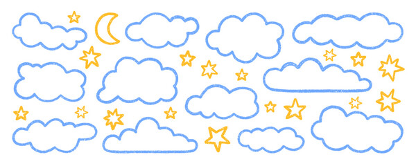 Chalk pencil clouds doodle set. Childish crayon sky, stars and moon. Pastel kids sketch. Grunge texture. Hand drawn vector illustration isolated on white background