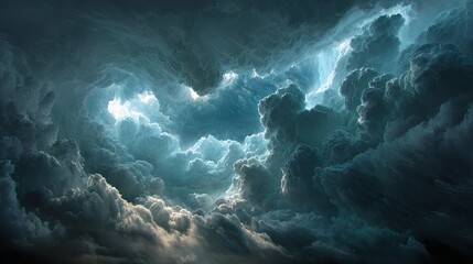 Dramatic storm clouds swirling in a turbulent sky, illuminated by rays of sunlight breaking through, creating a captivating and dynamic atmospheric scene