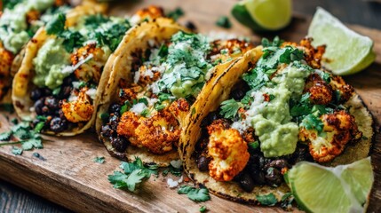 Tacos display a colorful mix of roasted cauliflower black beans and green toppings on a wooden board.