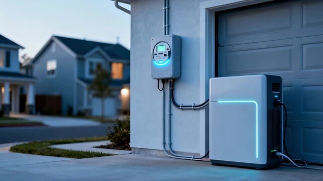Medium shot in a residential neighborhood featuring smart meters and home energy storage units enabling efficient energy distribution and resilience.