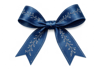Blue satin bow with embroidered silver branch patterns, creating a festive decorative accent for gifts and holiday designs
