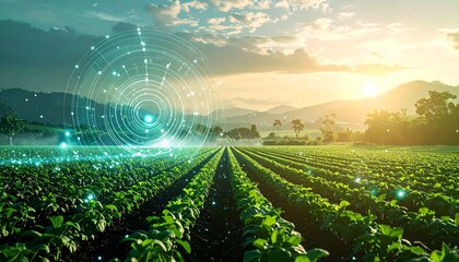 Lush crop field meets advanced tech; connected data circles in a vibrant pastoral landscape at sunrise