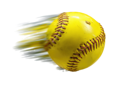 A bright yellow softball, depicted in motion, with streaks of white suggesting speed.  The ball's seams are a darker, reddish-brown color