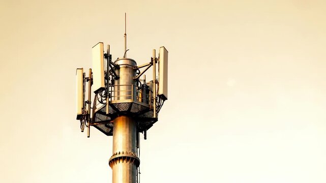 Medium shot focusing on a tall monopole wireless tower with antennas capturing the sleek design and modern technology used for cellular network coverage.