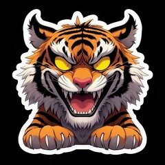 This vivid artwork showcases a fierce tiger with a menacing expression. The bright colors highlight the tiger's striking features, making it an eye-catching design suitable for various uses.