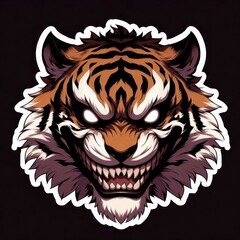 This striking graphic depicts a fierce tiger face, showcasing sharp teeth and glowing eyes. The vibrant colors highlight the powerful features of this wild animal, creating an intense presence.