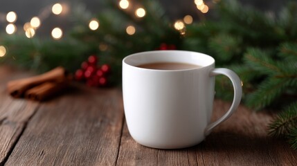 A cozy white cup filled with warm beverage sits on a rustic wooden table. Green pine branches and red berries bring a festive touch. Perfect for holiday warmth and relaxation. AI