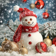 Snowman in knitted hat and scarf with Christmas ball ornaments and snowflakes, holiday card
