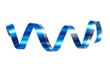 Shiny blue metallic ribbon forming a festive spiral, curling and twisting for celebration design element