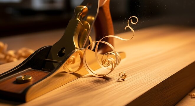 Crafting precision: Hand plane shaving delicate curls from smooth wooden surface creating woodworking artistry
