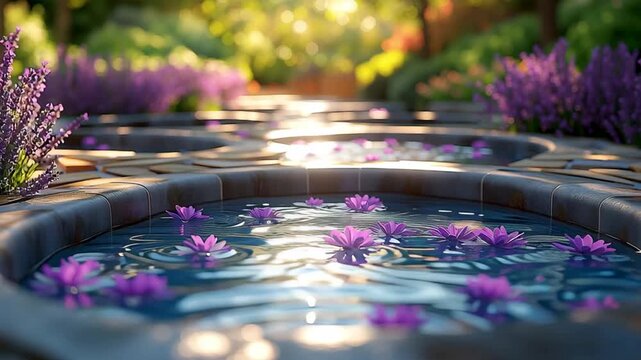 Garden Oasis: Serene garden setting features water basins filled with purple flowers and stepping stones. The scene is enveloped in natural light, evoking tranquility and harmony.
