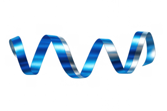 Shiny blue metallic ribbon forming a festive spiral, curling and twisting for celebration design element