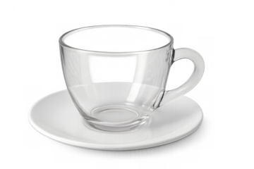 Glass tea cup and saucer, empty and clean, ready for serving hot beverages, drinkware kitchenware object isolated
