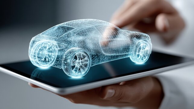 Future Car Technology: 3D Model on Tablet. Digital Vehicle Design, Manufacturing